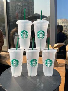 Mugs Mermaid Goddess Starbucks 24oz/710ml Plastic Mugs Tumbler Color Change Magic Original PP Reusable Clear Drinking Flat Bottom Pillar LZDK