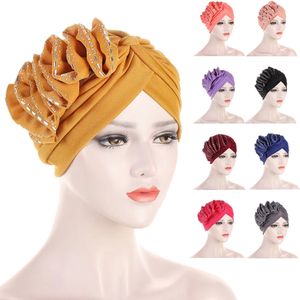 Flower Hijab Turban Muslim Women with Diamonds Soild Color Muslim Headscarf Bonnet Inner Hijabs Arab Head Wraps Indian Hat