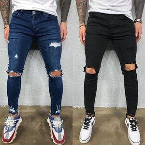 Men's Jeans Men Knee Hole Ripped Stretch Skinny Denim Pants Solid Color Black Blue Autumn Summer Hip-Hop Style Slim Fit Trousers S-4XL 221124