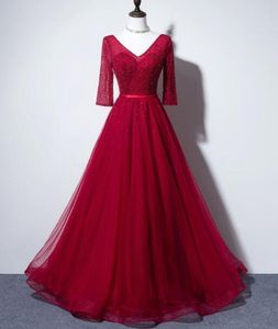 Dark Red V-neck Mother's Dresses Lace 3/4 Long Sleeves Sexy Floor-length Tulle Evening Dress