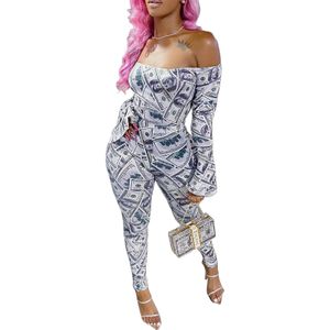 Women's Jumpsuits Rompers Women Fall OffShoulder Jumpsuit Tight Elastic Long Sleeve Home Gym Dollar print Jogger Pants Flared sleeves jumpsuit 221123