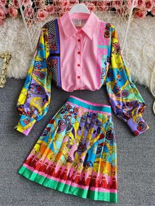 Two Piece Dres Fashion Luxury Print Shirt Top Pleated Mini Skirt Spring Autumn Vintage Long Sleeve Buttons Party 2 Sets 221124