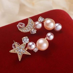 Studörhängen S925 Ear Needle Natural Freshwater Pearl For Women Elegant Ladies Asymmetric Zirconia Moon and Star Studs