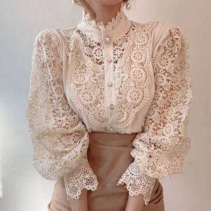 Kvinnors jumpsuits rompers Sexig Flower Lace Blus Women Korean Style Stand Collar Hollow Out Elegant White Shirt Spring Autumn Fashion Ladies kläder 221123