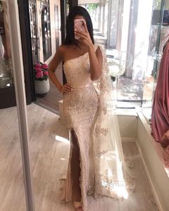 Sexy Lace Mermaid Evening Dresses Champagne Beads Appliques Side Slit One Shoulder Dubai Arabic Long Formal Evening Gowns