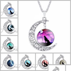 Pendant Necklaces Totem Wolf Glass Cabochon Necklace Moon Time Gemstone Necklaces Chains Sier Animal Models Fashion Jewelry For Wome Dhklt