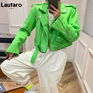 Women's Leather Faux Lautaro Y2k Short Green Gecko Biker Jacket Long Sleeve Zipper Belt Colored Stylish Outerwear for Women Fashion 221124