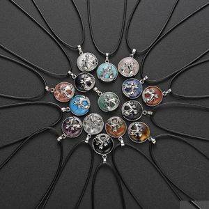 Pendant Necklaces Qimoshi Moon Couple Cat Pendant Men And Women Stainless Steel Healing Natural Stone Round Necklace 23X34Mm Dhgarden Dhf6R