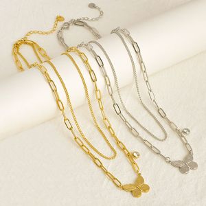 18K Gold Butterfly Colar Butterfly Pingente de a￧o inoxid￡vel Chain Chain Chain de camada de dupla camada para mulheres j￳ias de moda
