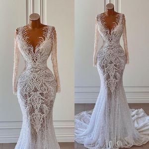 Mermaid 2023 Designer Wedding Dresses Bridal Gown Lace Applique Jewel Neck Long Sleeves Sequins Illusion Bodice Custom Made Sweep Train Vestidos De Novia Plus