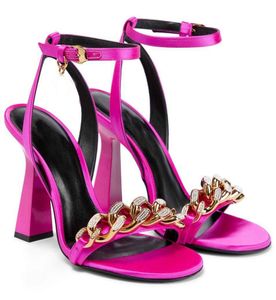 Elegant Summer Medusi Women's Sandals Shoes Golden Chain-link Straps Nappa Leather Zipped heel Pumps Elegant Lady High Heels EU35-43.BOX