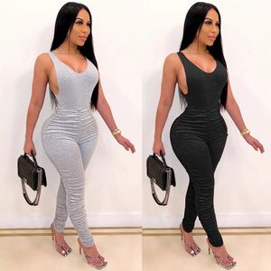 Women's Jumpsuits Rompers Sexy Backless Vneck Pleated slim fit lady pants European and American women clothes plus size black white 221123