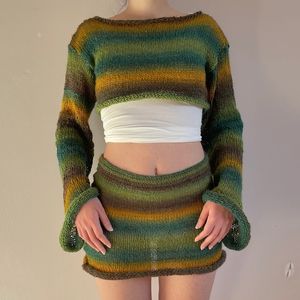 Two Piece Dress Y2K Colorful Striped Knitted Set Women Flared Long Sleeve Pullovers Crop Top Bodycon Mini Skirt 90s Vintage Outfits 221124