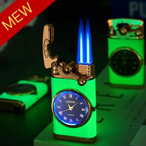 Winddichte koele lumineuze rocker horloge lichtere metalen gekleurde lampgas wijzerplaat lichtere jet butane dubbele fakkel lichtere accessoires