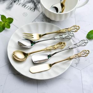 Servis uppsättningar juego de cubiertos cutlery set frukt och dessert gaffel skopa rostfritt stål guldpläterad silverkaka