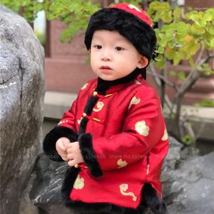 エスニック服の子供たちの伝統的な年の男の子の男の子タン・スーツハンフレッドトップベストオリエンタルレトロライオン刺繍プリントジャケット