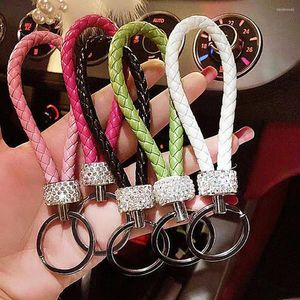 Keychains Handmade PU Leather Rope Sparkling Crystal Key Chains For Women Men Girl Holder Car Bag Accessories Gift Keyring