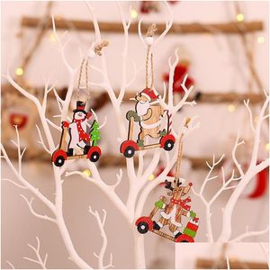 Juldekorationer Juldekorationer 9 st/Lot Wood Cartoon Santa Snowman Elk Tree Hanging Decoration Car Shape Chips For Home DH1CR