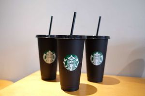 スターバックス24oz/710mlプラスチックマグタンブラー再利用可能な黒い飲酒フラットボトム柱の形状ストローカップw7pl