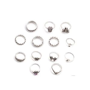 Cluster Ringe Vintage Gold und Silber Krone Schmuck Big Palm Elephant 13 Stück Set Ring Weibliche Knöchel Sonne Mond Fatima Strass Join Dhvuy