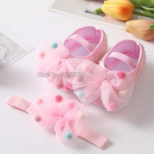 First Walkers Born Infant Girl Shoes Headband Set Soft Sole Bowknot Princess Cute Toddler Walking Prewalker Baby