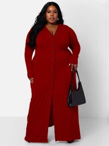 Plus Size Dresses 5XL 4XL For Women V Neck Single Breasted Robes Autumn Fashion Solid Ribbed Casual Big Maxi Dress