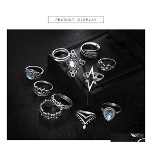 Cluster Rings Knuckle Ring Set Sier Retro Diamond Engraving Starry Gemstone 11 Piece Boho Può essere sovrapposto Female Drop Delivery Je Dhxwl