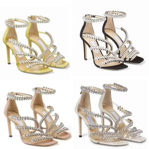 Summer China Luxury Sandals Leather Ballet Crystal Narrow Band Surrounding Decoration Small Square Toe Slim High Heels Elegant Women's Fashion Wedding Party