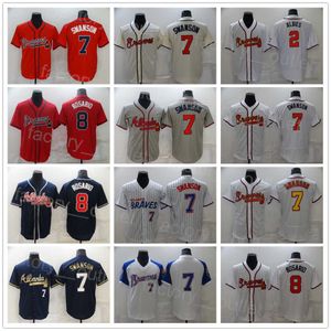 Homens City Connect Beisebol 7 Dansby Swanson Jersey 8 Eddie Rosario 2 Ozzie Albies Pulôver Equipe Azul Marinho Vermelho Branco Cinza Cor Bordado e Costura Flexbase Cool Base