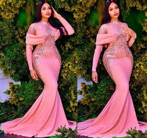 Pink Designer Evening Dresses Long Sleeves Sequins Mermaid High Neck Plus Size Pleats Prom Gown Formal Custom Made Vestidos