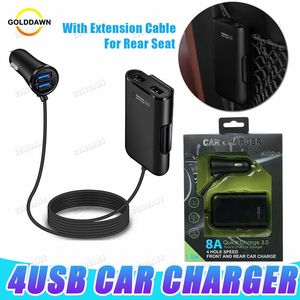 4 portas carregadores de telefone celular de carro USB com cabo de extensão de 1,7m para carregador de adaptador rápido do carro traseiro do banco traseiro QC 3.0