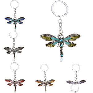 Breloki kryształowe breloki do kluczy zwierząt Dragonfly Antique Sier Rhinestone brelok do kluczy uchwyt na pierścionki biżuteria samochodowa modny wisiorek breloki dla Dh0Oy