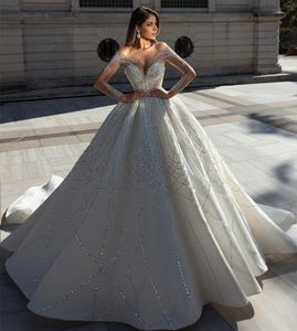 2023 Saudi Arabic Wedding Dress Luxury Sheer Neck Beads Long Sleeves Crystal Bridal Gowns Custom Made Vestido de Novia