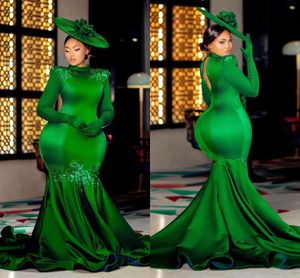 Mermaid Elegant Green Evening Dress For Women Long Sleeve Pleats Open Back Floor Length Celebrity Party Prom Dresses Vestidos De Gala Custom Made es