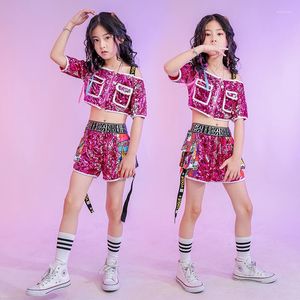 Bühnenkleidung Mädchen Hip Hop Pailletten Crop Top Shorts Kinder führen Jazz Dance Kostüme Mode Schulterfrei Kurze Jacke Lila Straße auf