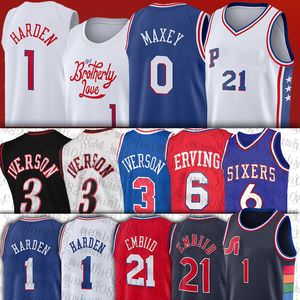 Philadelphias James Harden 76er Basketbol Formaları Allen Iverson 3 Joel Embiid 21 Tyrese Maxey 0 Jersey xzzz