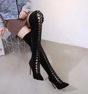 Sexy Black Lace Up Up Toe High Heel High Thigh Boots High Boots sobre la rodilla Botas Tamaño 35 a 403945295