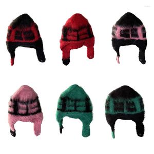 Berets 95AB Knit Trapper Hat Russian Bomber Autumn Winter Fashion Plaid Earflap Beanie Girls Crochet Hooded