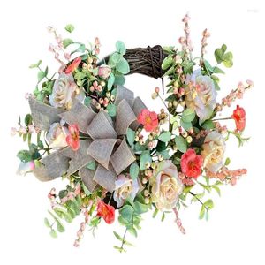 Decorative Flowers 15.7 Inch Artificial Flower Front Door Wreath Farmhouse Summer Spring With Bowknot Floral Garland For Wall