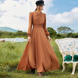 Casual Dresses Elegant Stand Collar Single-breasted Women Soft Chiffon A-line Long Dress Spring Summer For 2022 Robe