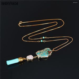 Anhänger Halsketten ShinyGem Unregelmäßige Hellblau Natürliche Meeressediment Stein Kristall Druzy Vergoldung Quaste Für Frauen Pullover