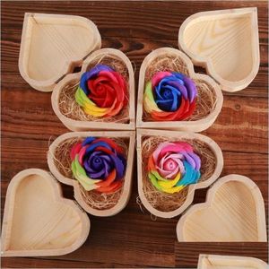 Party Favor Party Favor Wooden Heart Shaped Box Soap Flower Valentines Day Gift Creative Simation Seven Colors Roses Wood Boxes Case Dhwf4