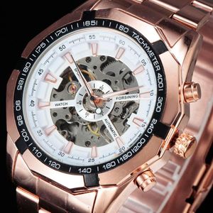 Armbandsur Forssining Steampunk Automatiska lyxklockor M￤n Dodecagon Tachymeter Case Skeleton Dial Steel Band Mechanical Rose Gold Watch