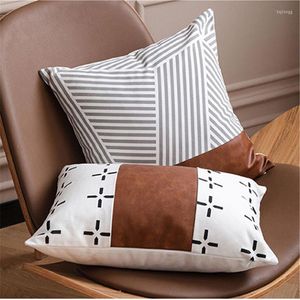 Kudde pu läder lapptäcke brun vit täcke bomullsgeometriska täcker dekorativa för soffa stol sovrum 45x45 cm/35x50 cm