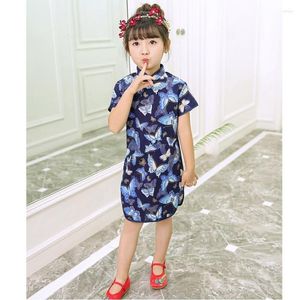 Этническая одежда для маленьких девочек китайское традиционное платье с бабочкой короткие Qipao Cheongsam Год вечеринка летние хлопковые платья