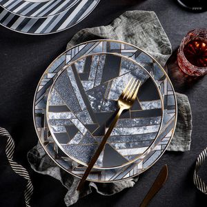 Platos platos creativos de cerámica plato de oro gris negro cosiendo textura mate mármol cena único juego de mesa postre