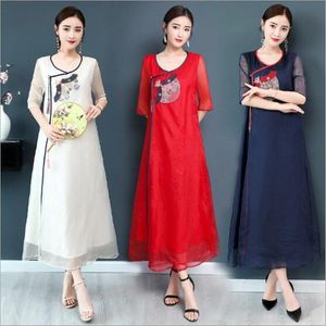 Kjolar plus size silk kinesiska retro kjol kvinnor sommar marinblå blommig broderi lång mantel elegant ädla stora 3xl 4xl qc11