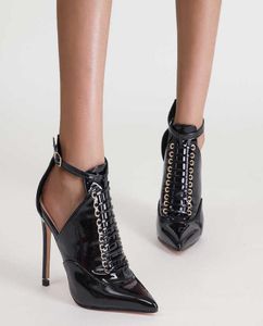 12 cm Frauen Patent Leder -Knöchelstiefel Designer Schnürung High Heels Ladies Speod Toe Stilettos Herumn Black Shoes Bota Feminina Y17063790