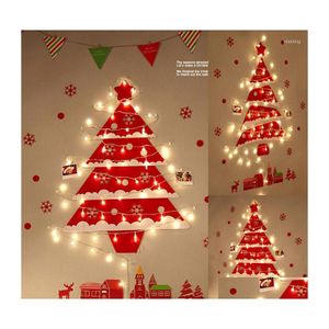 クリスマスの装飾クリスマスデコレーション2022メリーツリーウォールステッカー再利用可能なフェルト窓サンタ雪だるまのシーンレイアウト光dhipwと