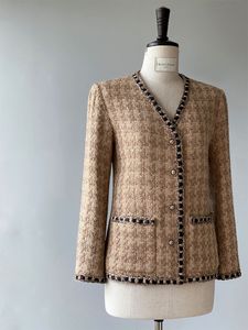 2022 Autumn Khaki Contrast Color Contrast Trim Tweed Jacket Long Sleeve V-Neck Double Pockets Single-Breasted Jackets Coat Short Outwear A2N246370